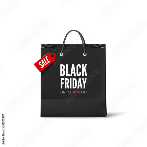 Black Friday concept. Black paper bag with tag Sale and text. Black friday banner template. Vector illustration isolated on white background