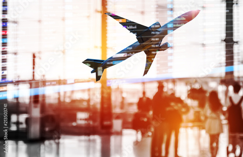 Double exposure silhouettes of passenger walking at airport with people. Business airline concept.