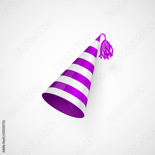 Purple Birthday hat with stripes texture. Vector illustration isolated on white