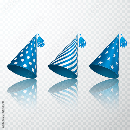 Set of Blue Birthday hat. Birthday paper cone cap set. Vector illustration isolated on transparent background