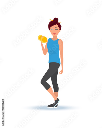 Girl in summer sportswear, engaged in weight lifting, raises dumbbells.