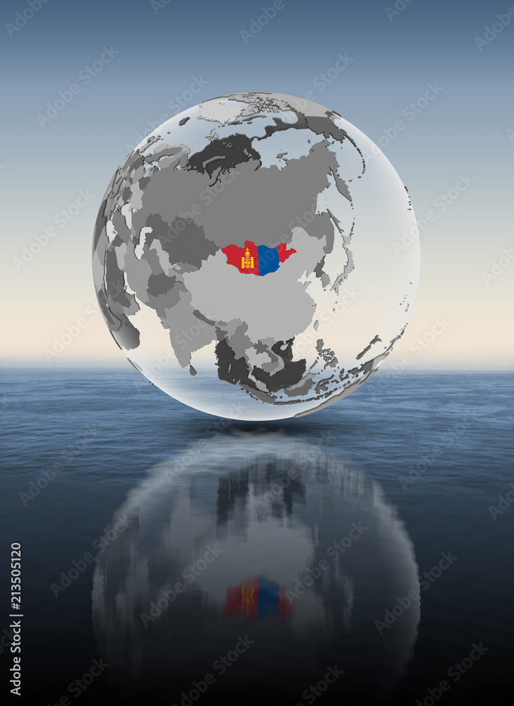 Fototapeta premium Mongolia on translucent globe above water