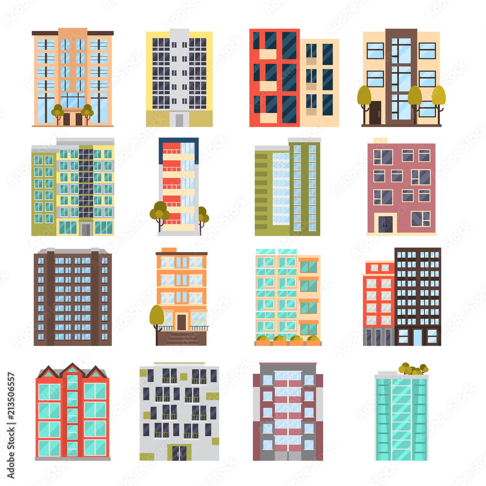 Modern multi apartment house color flat icon set