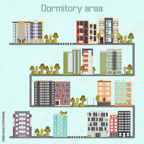 Day time dormitory area color flat illustration