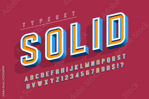 Condensed bold 3d display font, alphabet, letters and numbers.
