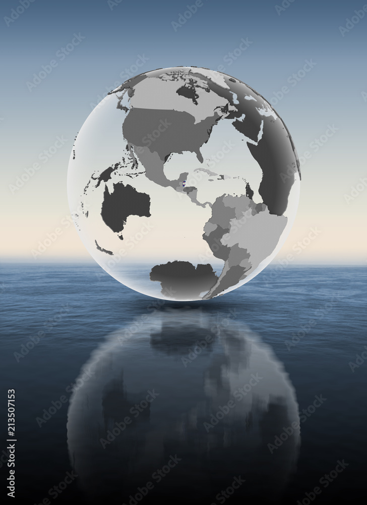 Belize on translucent globe above water Belize on translucent globe above water