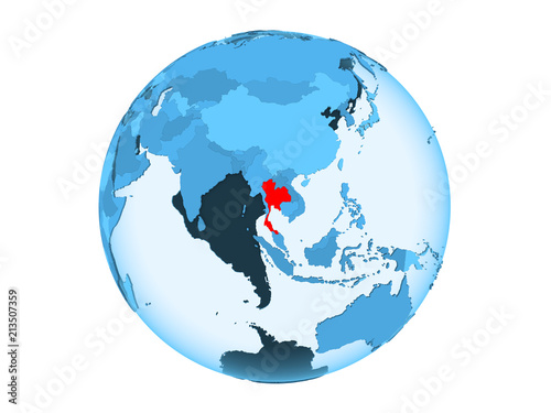 Thailand on blue globe isolated