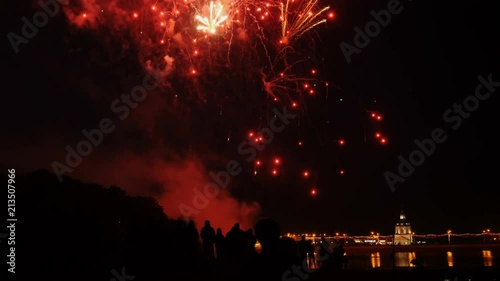 A crowd of people watch colorful fireworks and celebrate.