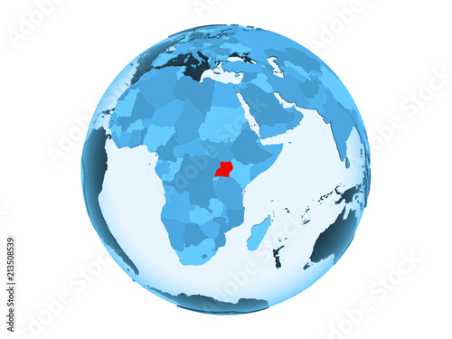 Uganda on blue globe isolated
