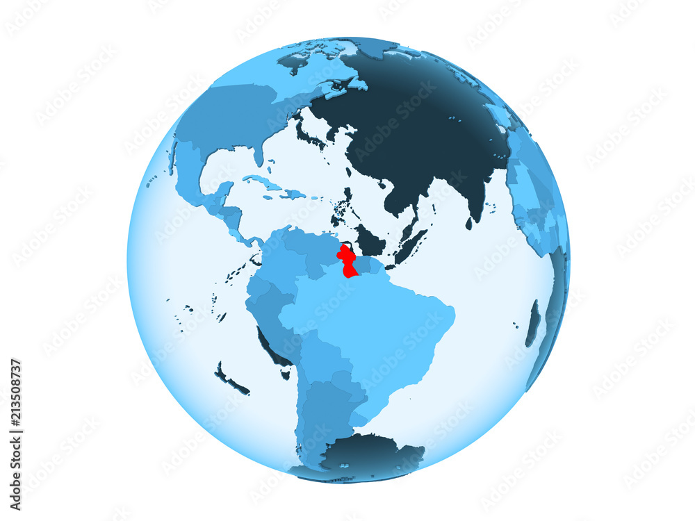 Guyana on blue globe isolated