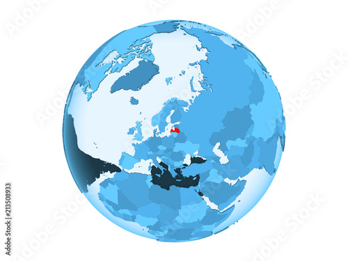 Latvia on blue globe isolated