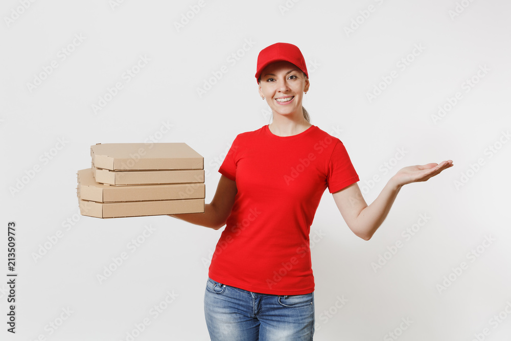 Woman in red cap, t-shirt giving food order pizza boxes isolated on white background. Female pizzaman working as courier or dealer holding italian pizza in cardboard flatbox. Delivery service concept. Woman in red cap, t-shirt giving food order pizza boxes isolated on white background. Female pizzaman working as courier or dealer holding italian pizza in cardboard flatbox. Delivery service concept.