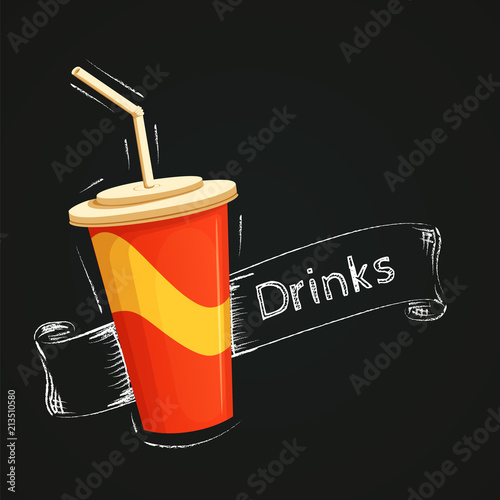 Soft drink fast food icon. Paper cup with a straw with outline and ribbon drawn with chalk on a blackboard.