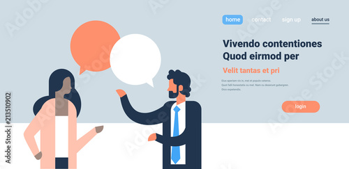 mix race couple chat bubbles communicating speech dialogue man woman character background portrait copy space horizontal flat vector illustration