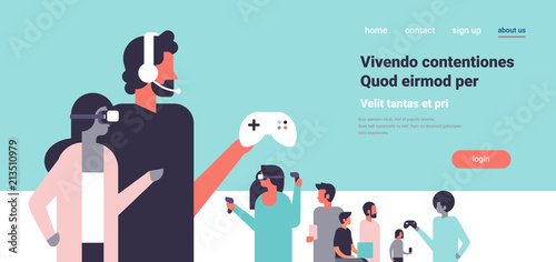 people in vr glasses playing controller gamepad couple in virtual reality headphones team flat copy space horizontal vector illustration
