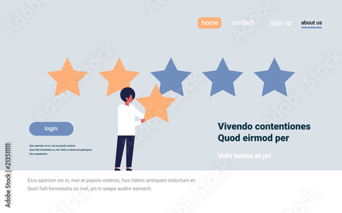 three star rating man giving feedback concept african american character flat horizontal copy space vector illustration