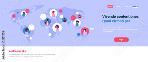 people on world map chat bubbles global communication teamwork connection concept avatar mix race man woman faces flat copy space banner vector illustration