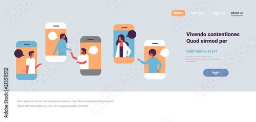 smartphone chat bubbles mobile application communicating speech dialogue man woman character background portrait copy space horizontal flat vector illustration