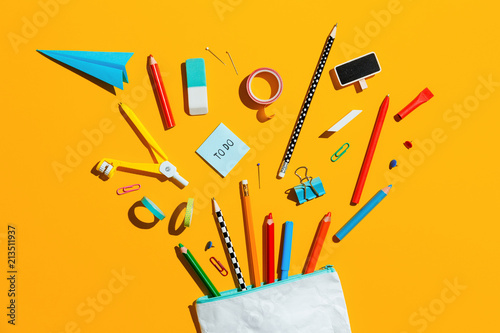Fotografie, Obraz School supplies and pencil case. Back to school concept.