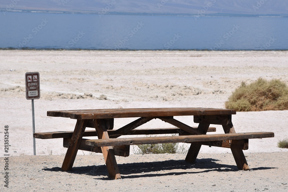 Picnic table at the Salton Sea in California