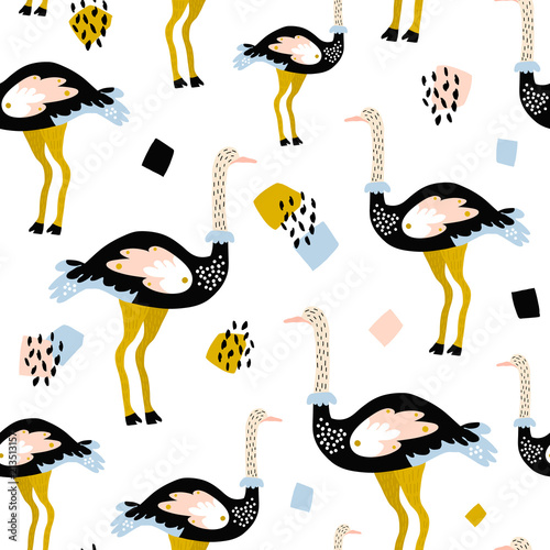 Seamless pattern with ostrich and hand drawn shapes. Creative texture for fabric, wrapping, textile, wallpaper, apparel. Vector illustration