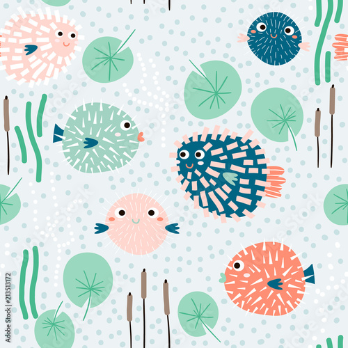 Seamless childish pattern with funny fish hedgehogs.Creative under sea summer texture for fabric, wrapping, textile, wallpaper, apparel. Vector illustration