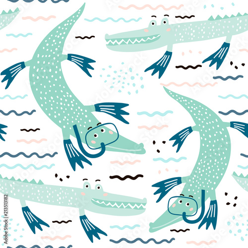 Seamless pattern with crocodile diver. Creative modern childrens background. Perfect for kids apparel,fabric, textile, nursery decoration,wrapping paper.Vector Illustration