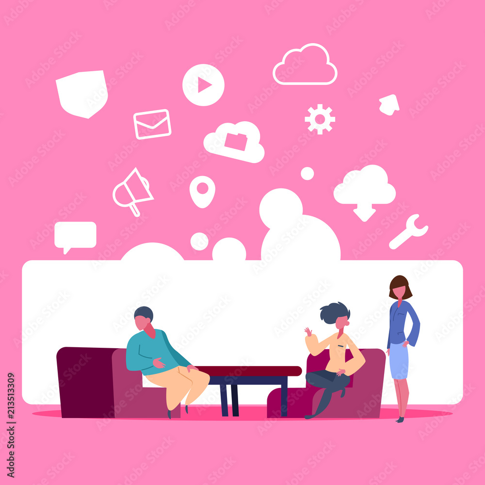Plakat people sitting workspace online data cloud synchronization social network icon over pink background flat vector illustration