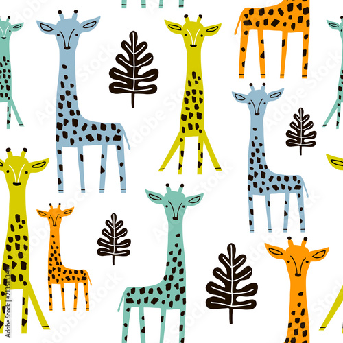 Seamless pattern with giraffe, palm branch and tropical background. Creative jungle childish texture. Great for fabric, textile Vector Illustration