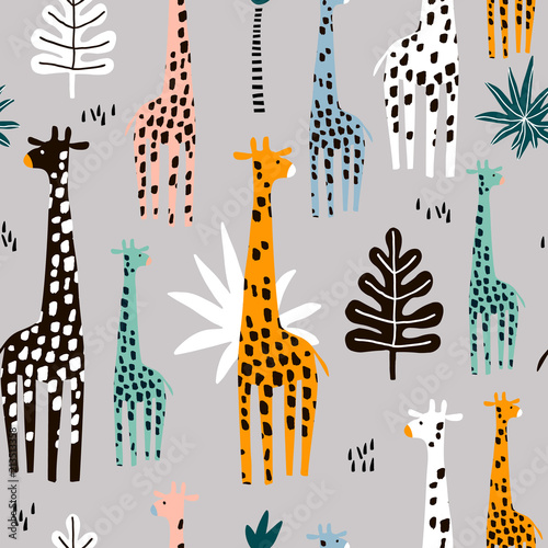 Seamless pattern with giraffe, palm branch and tropical background. Creative jungle childish texture. Great for fabric, textile Vector Illustration
