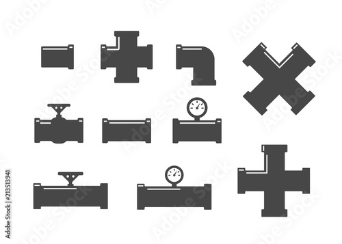 Pipe connector or pipe fitting. Pipe fittings vector icons set