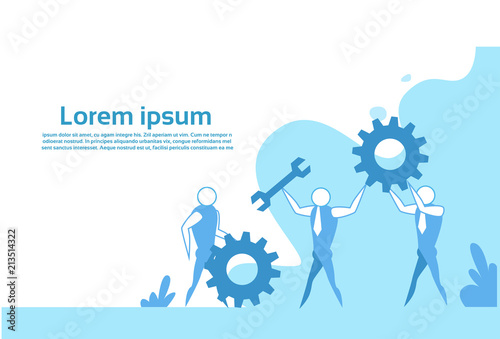 Business people group wrench twisting gear wheel working together process service concept flat horizontal copy space vector illustration