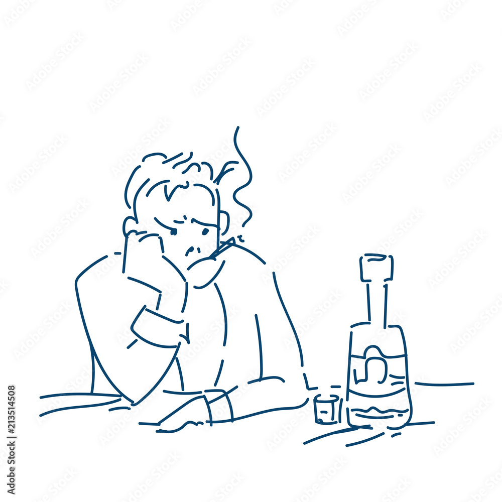 alcoholism stressed businessman smoking drinking alcohol business failure and unemployment problem concept sketch doodle vector illustration