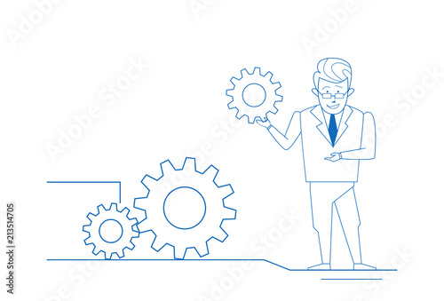 Businessman twisting gear wheel working process service concept sketch doodle horizontal full length vector illustration