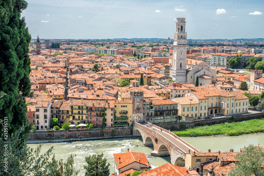 A view toward chatedral, Duomo and bridge Ponte Pietra in Verona