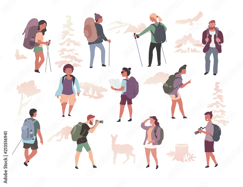 People Hiking Characters Isolated People Hiking Characters Isolated