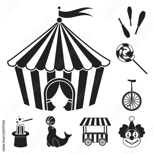 Circus and attributes black icons in set collection for design. Circus Art vector symbol stock web illustration.