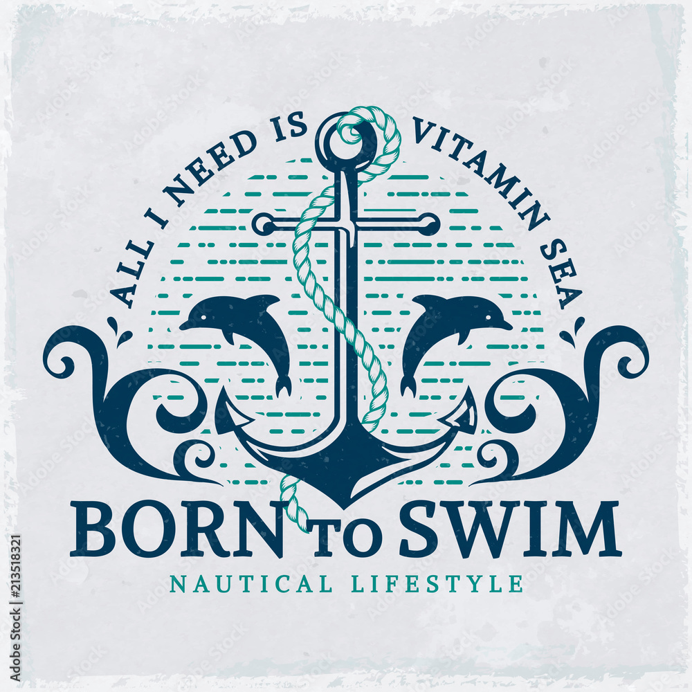 Naklejka premium Sea emblem with anchor and dolphins. Vector illustration.