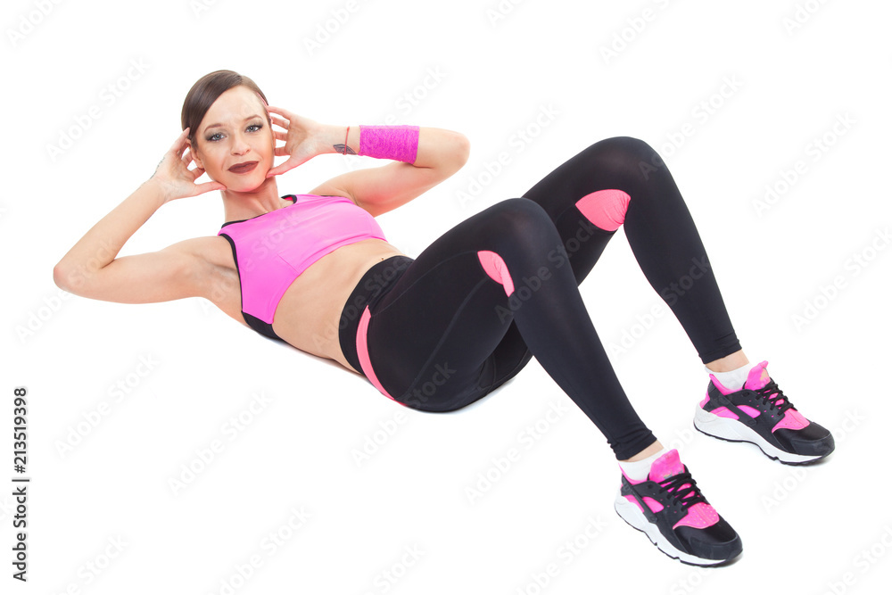 one woman exercising workout fitness aerobic exercise abdominal push ups posture on studio isolated white background. one woman exercising workout fitness aerobic exercise abdominal push ups posture on studio isolated white background.