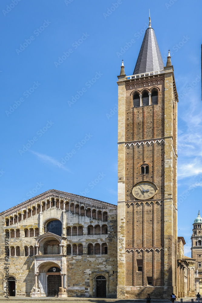 Parma, Italy - July, 9, 2018: center of Parma with Parma Cathedral and Baptistery, Italy
