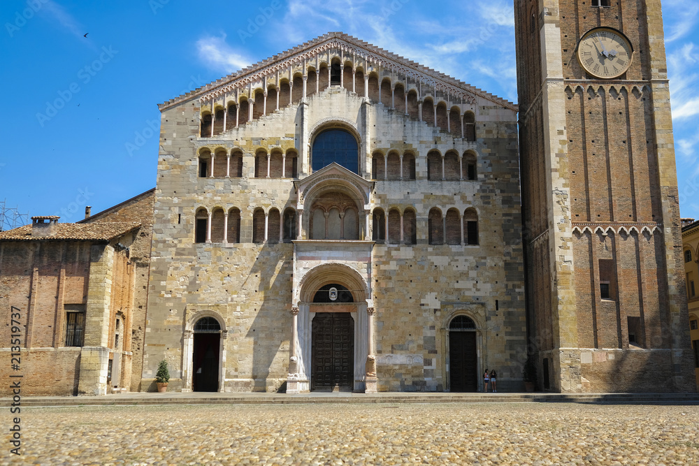 Parma, Italy - July, 9, 2018: center of Parma with Parma Cathedral and Baptistery, Italy