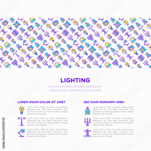 Lighting concept with thin line icons: bulb, LED, CFL, candle, table lamp, sunlight, spotlight, flash, candelabrum, bonfire, menorah, lighthousep. Modern vector illustration, print media template.