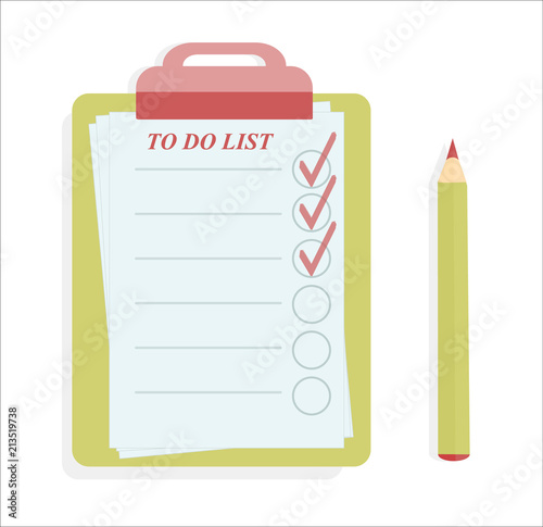 Amazing To do list with the red clip and the light green pencil on the white background. Vector illustration