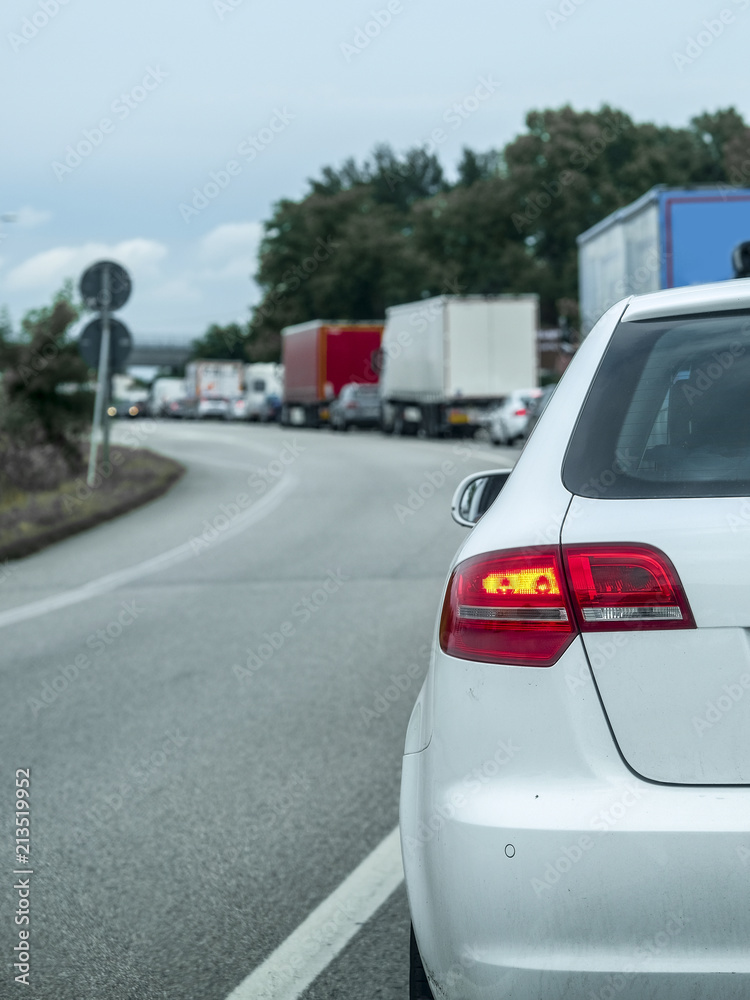 Rosalina, Italy - July, 11, 2018: traffic jam on a country road in Rosolina, Italy