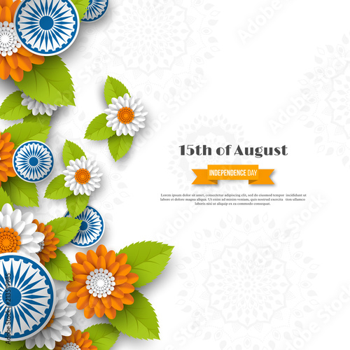 Indian Independence day holiday design. 3d wheels, flowers with leaves in traditional tricolor of indian flag. Paper cut style. White background. Vector illustration.