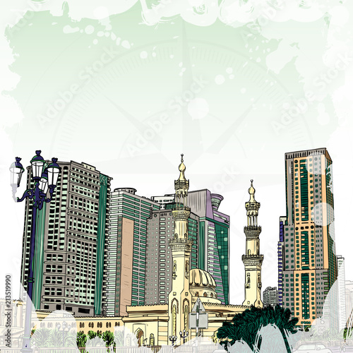 Dubai Marina district Mosque, hand drawn sketch with watercolor splashes and skyscrapers in UAE. Illustration, vector.