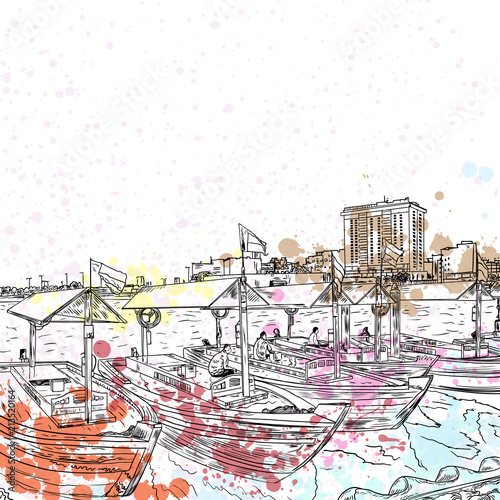 Watercolor splash Old traditional boats on the Bay Creek in Dubai, United Arab Emirates, UAE. Hand drawn sketch. Piers of traditional water taxi in Deira area. Famous tourist destination. Vector.