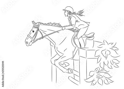 Horsewoman and a horse are jumping over an obstacle. Equestrian sport. Beautiful girl at show jumping competition, realistic black outline vector illustration, white background.