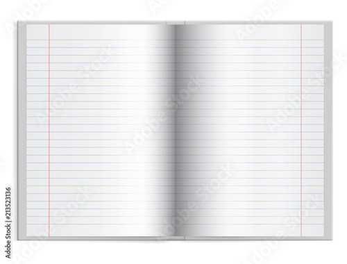 Open a schoolbook with lined paper in hardcover with space for text