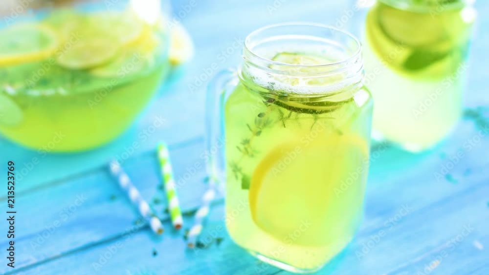 Homemade thyme lemonade with mint and lime